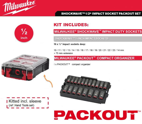 MILWAUKEE 1/2" DEEP IMPACT SOCKET 16PC + PACKOUT